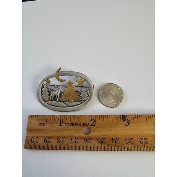 JJ Jonette Brooch, Deer in Forest Evergreens, Moon and Stars, Jonette Jewelry - Picture 5 of 5